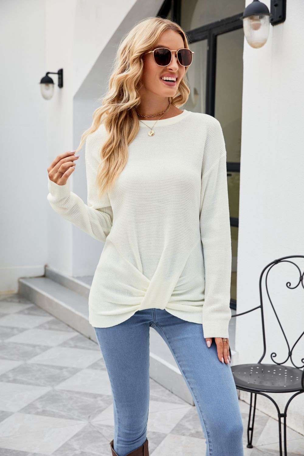 Twisted Round Neck Sweater White clothes Drizzle long sleeve Ship From Overseas sweaters Sweatshirt