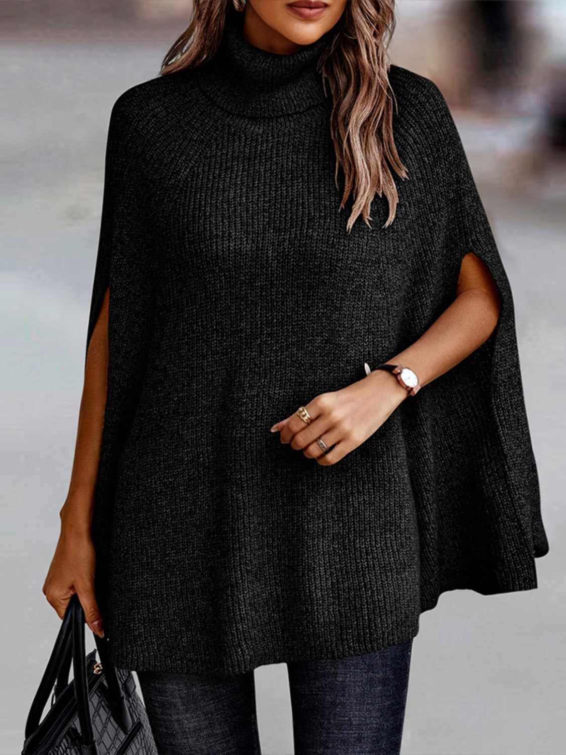 TastyHottie - Turtleneck Dolman Sleeve Poncho Fashion Sweater