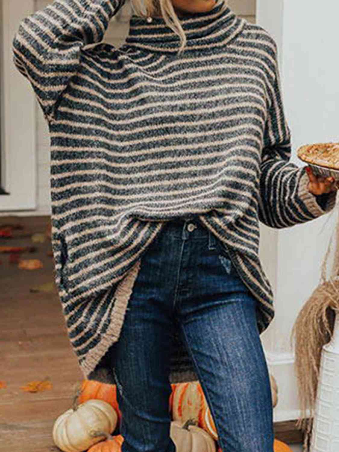 TastyHottie - Striped Turtleneck Sweater with Pockets