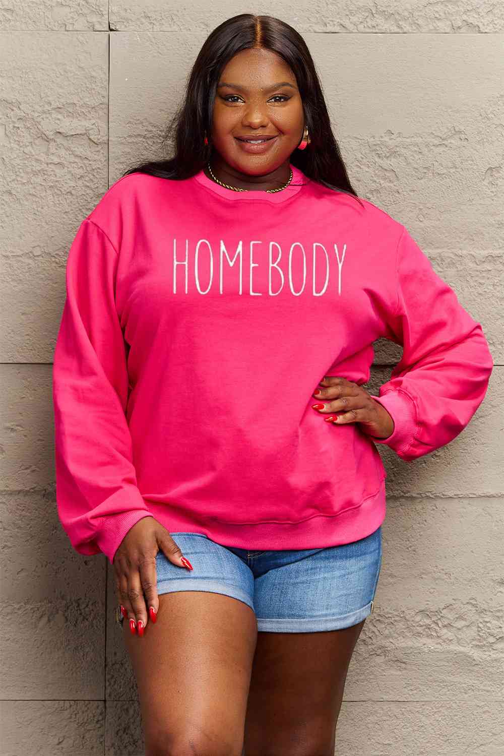 Simply Love Full Size HOMEBODY Graphic Sweatshirt Hot Pink clothes long sleeve long sleeve shirts long sleeve top Ship From Overseas Shipping Delay 09/29/2023 - 10/04/2023 shirts Simply Love sweater sweaters