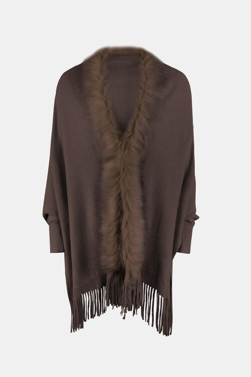 Fringe Open Front Long Sleeve Poncho Chocolate One Size clothes Drizzle Ship From Overseas sweaters