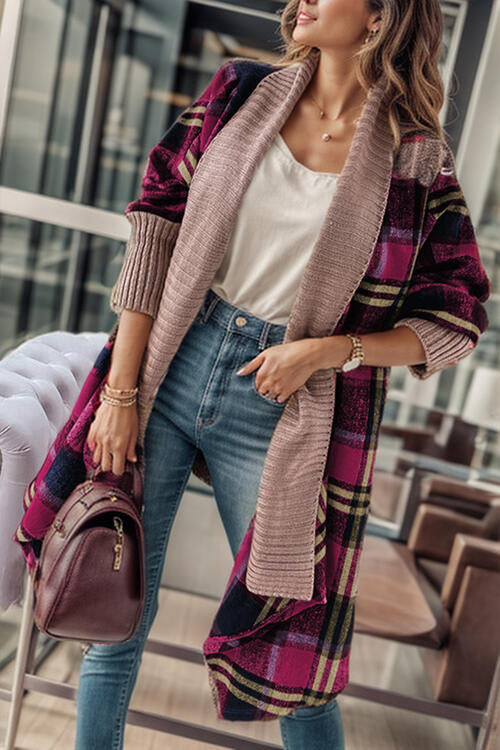 Plaid Open Front Long Sleeve Long Cardigan Cerise cardigan cardigans clothes Ship From Overseas Sweater sweaters SYNZ