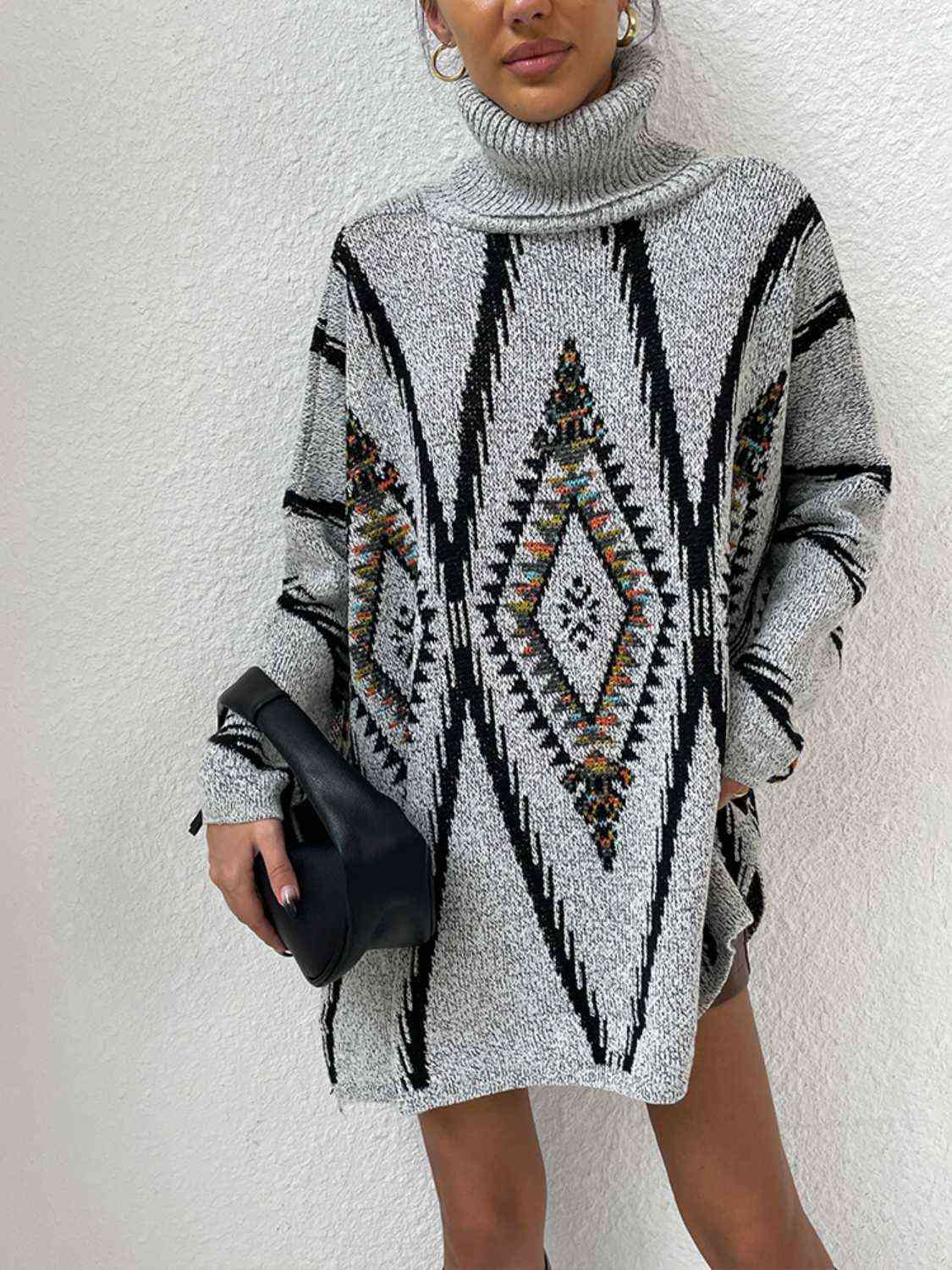 TastyHottie - Turtleneck Slit Geometric Sweater