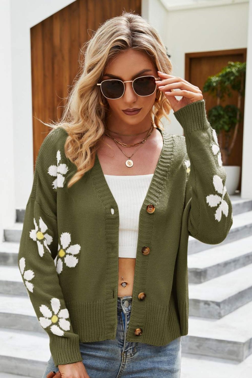 Floral Ribbed Trim Drop Shoulder Cardigan Green cardigan cardigans clothes Ship From Overseas sweater sweaters Yh