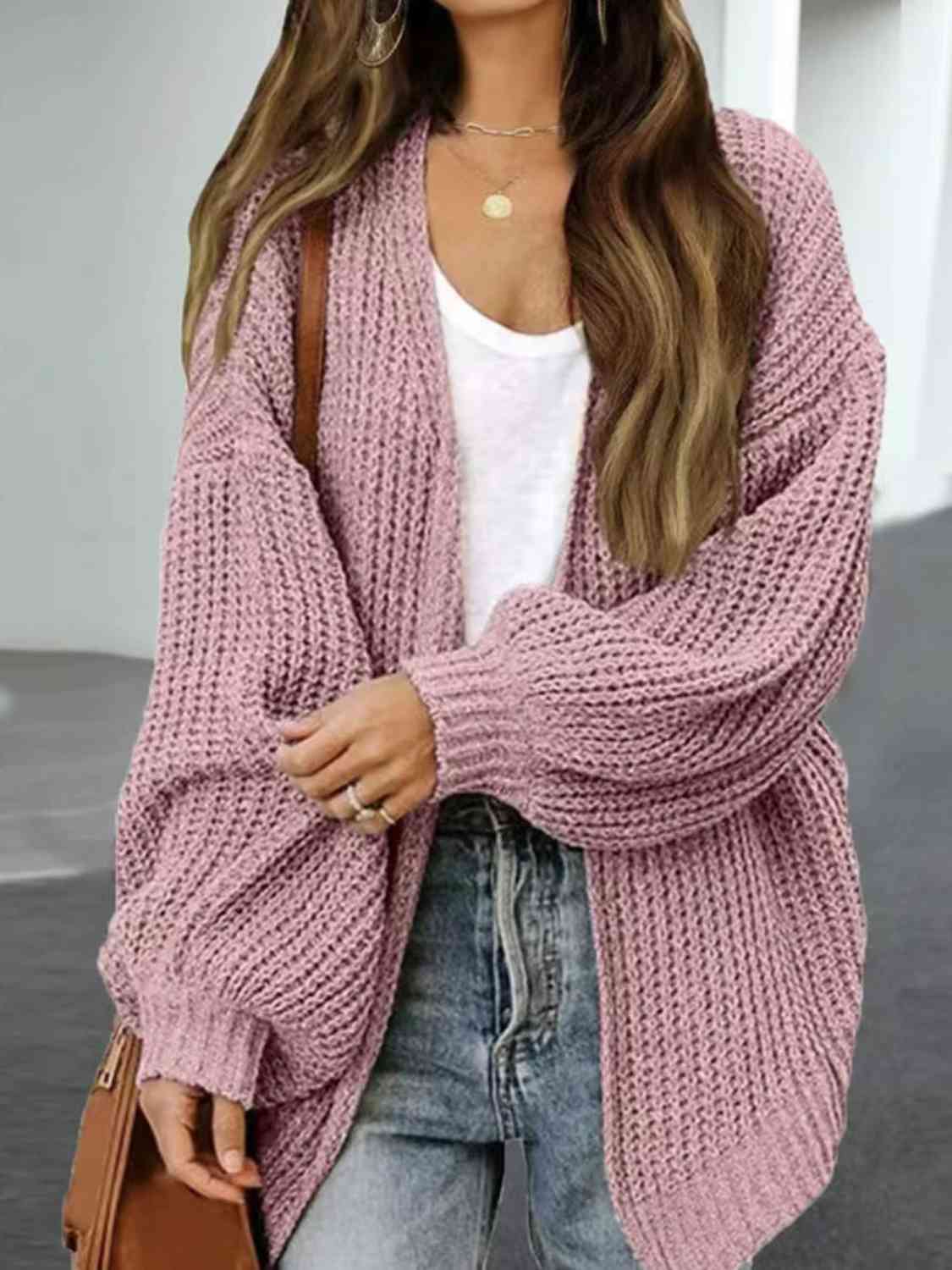 Drop Shoulder Balloon Sleeve Cardigan Light Mauve cardigan cardigans clothes Ship From Overseas Shipping Delay 10/01/2023 - 10/02/2023 sweater sweaters Y*X