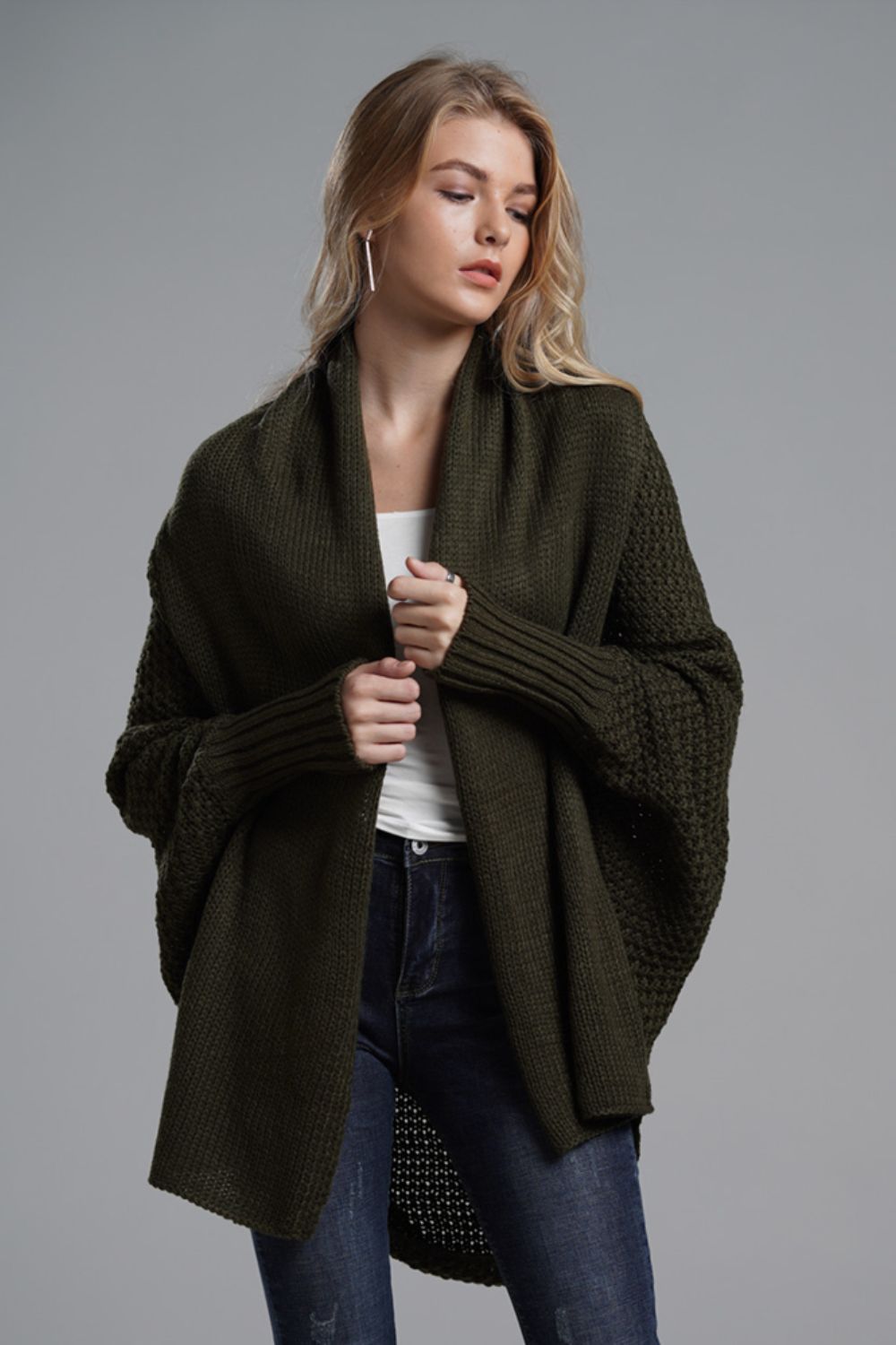 Double Take Dolman Sleeve Open Front Ribbed Trim Longline Cardigan Olive One Size cardigan cardigans clothes Double Take Ship From Overseas sweaters