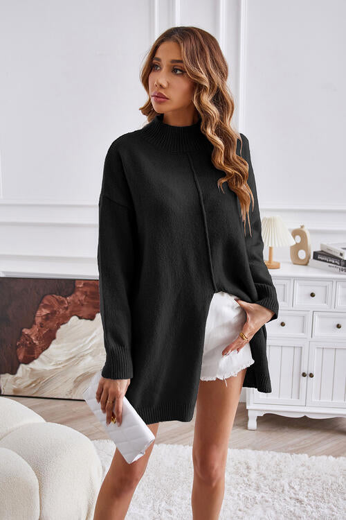 TastyHottie - Exposed Seam Mock Neck Slit Sweater