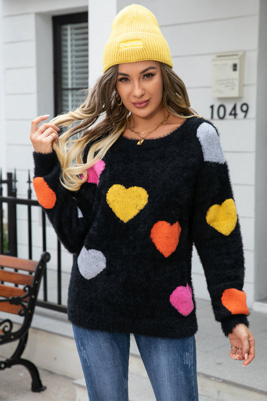 TastyHottie - Heart Pattern Round Neck Long Sleeve Sweater