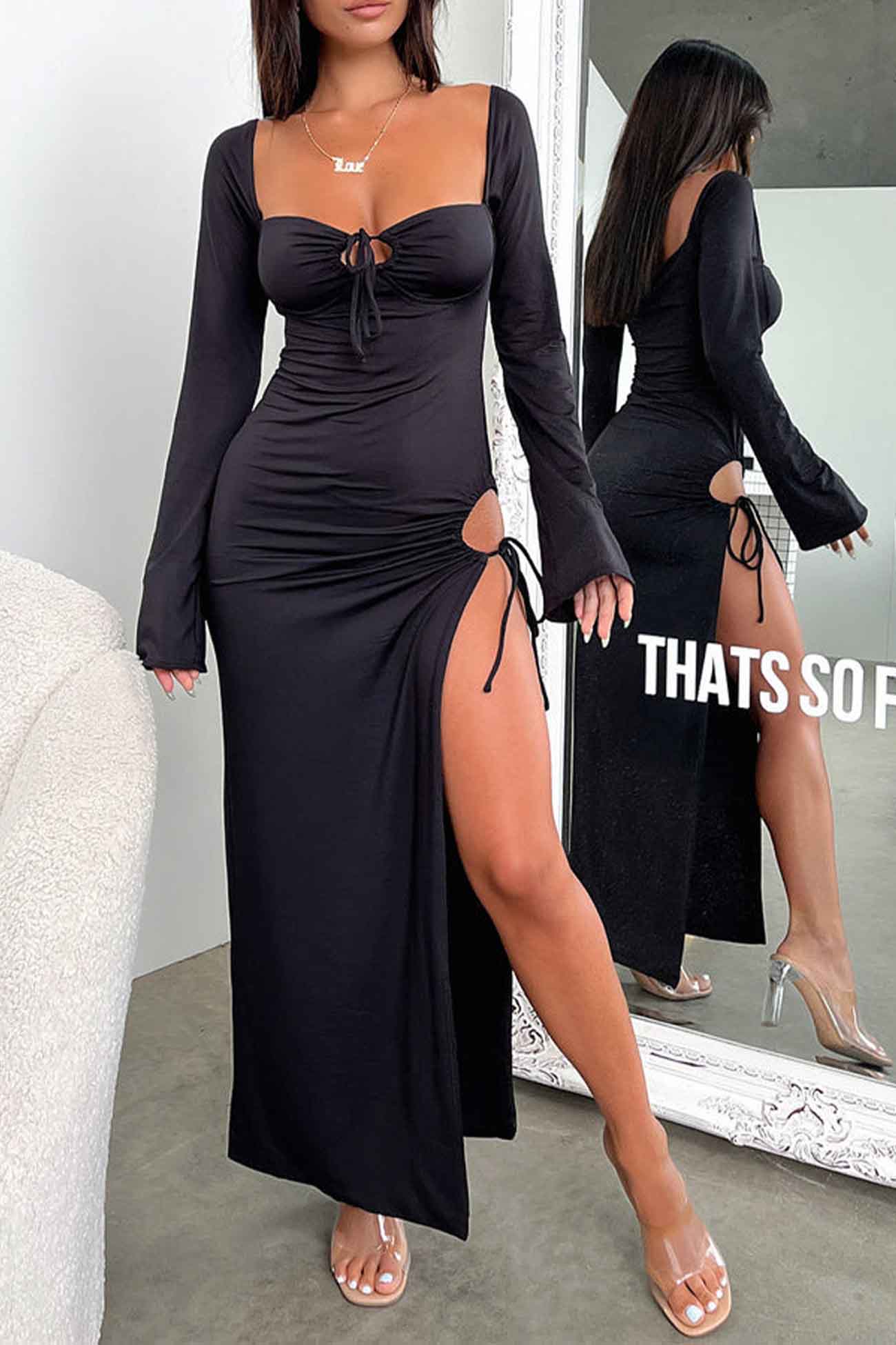 TastyHottie - Long Sleeve Lace Up Hollow Out Slit Dress