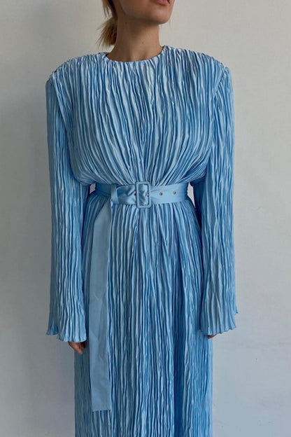 TastyHottie - Blue Belt Waisted Pleated Midi Dress