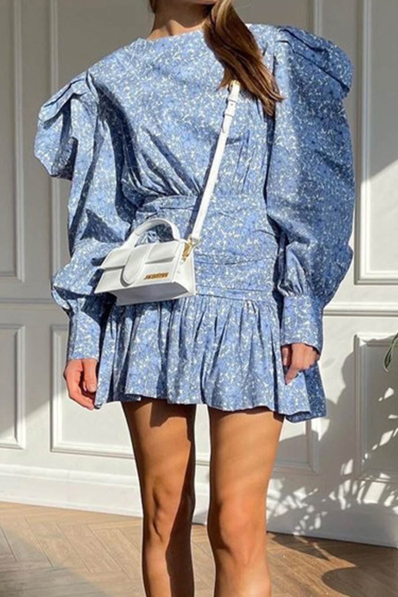 TastyHottie - Blue Puff Sleeve Gathered Ruffle Floral Dress