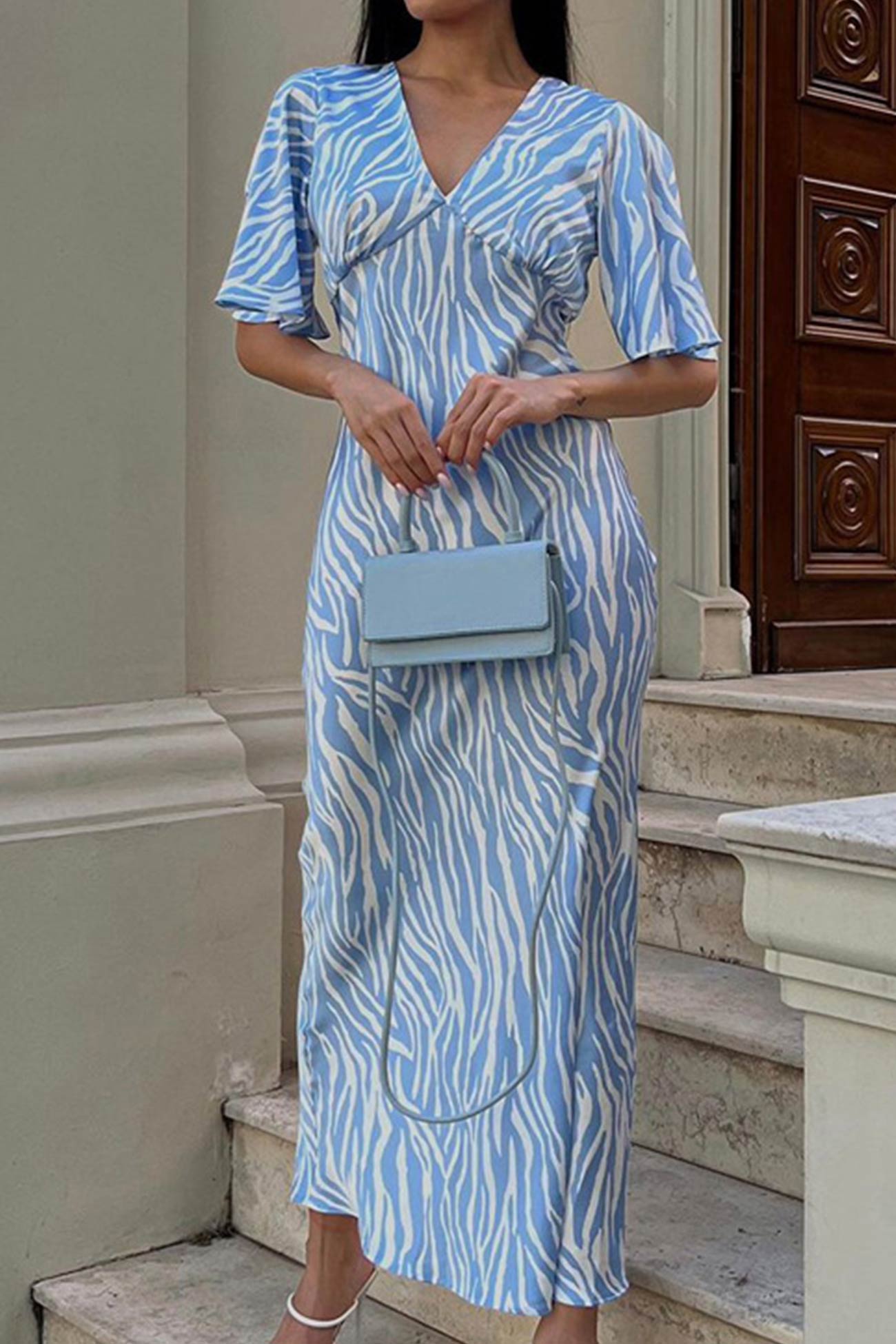 TastyHottie - Blue Satin Zebra Print Tie-back Midi Dress