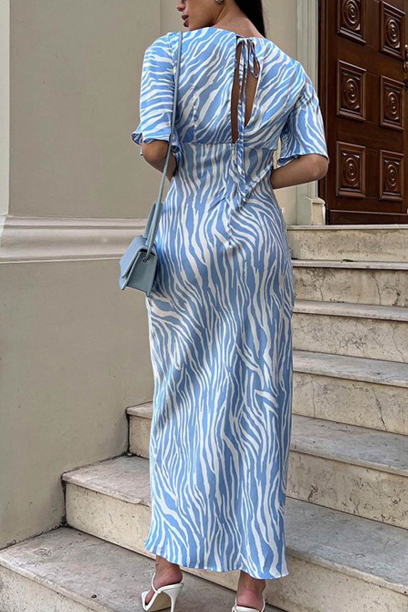 TastyHottie - Blue Satin Zebra Print Tie-back Midi Dress