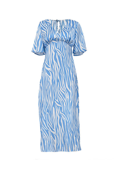 TastyHottie - Blue Satin Zebra Print Tie-back Midi Dress