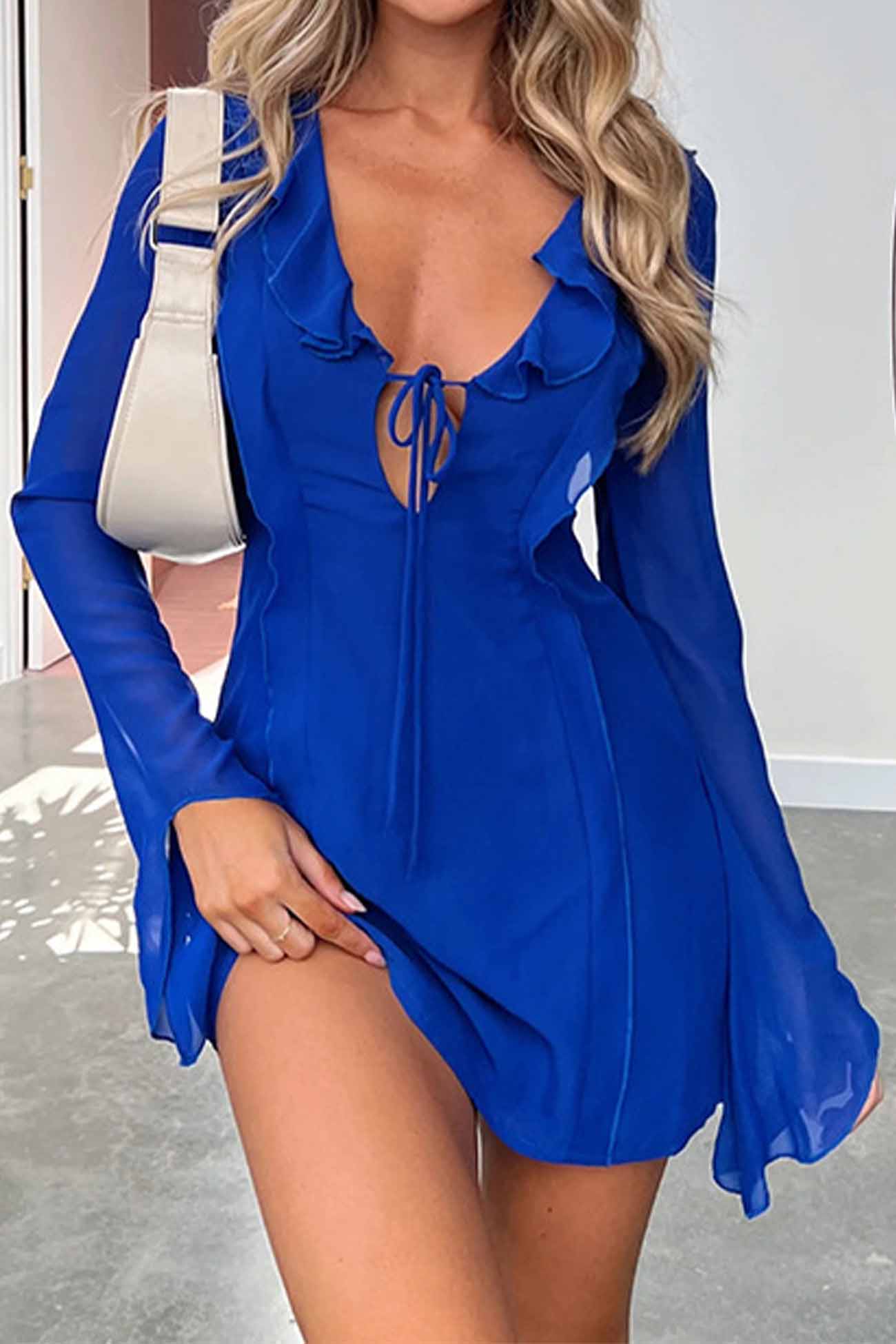 TastyHottie - Ruffled Long Sleeved Lace Up Mini Dress