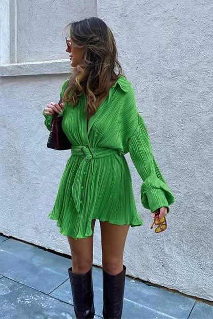 TastyHottie - Button-Front Strappy Waisted Pleated Shirts Dress