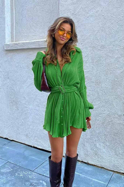 TastyHottie - Button-Front Strappy Waisted Pleated Shirts Dress