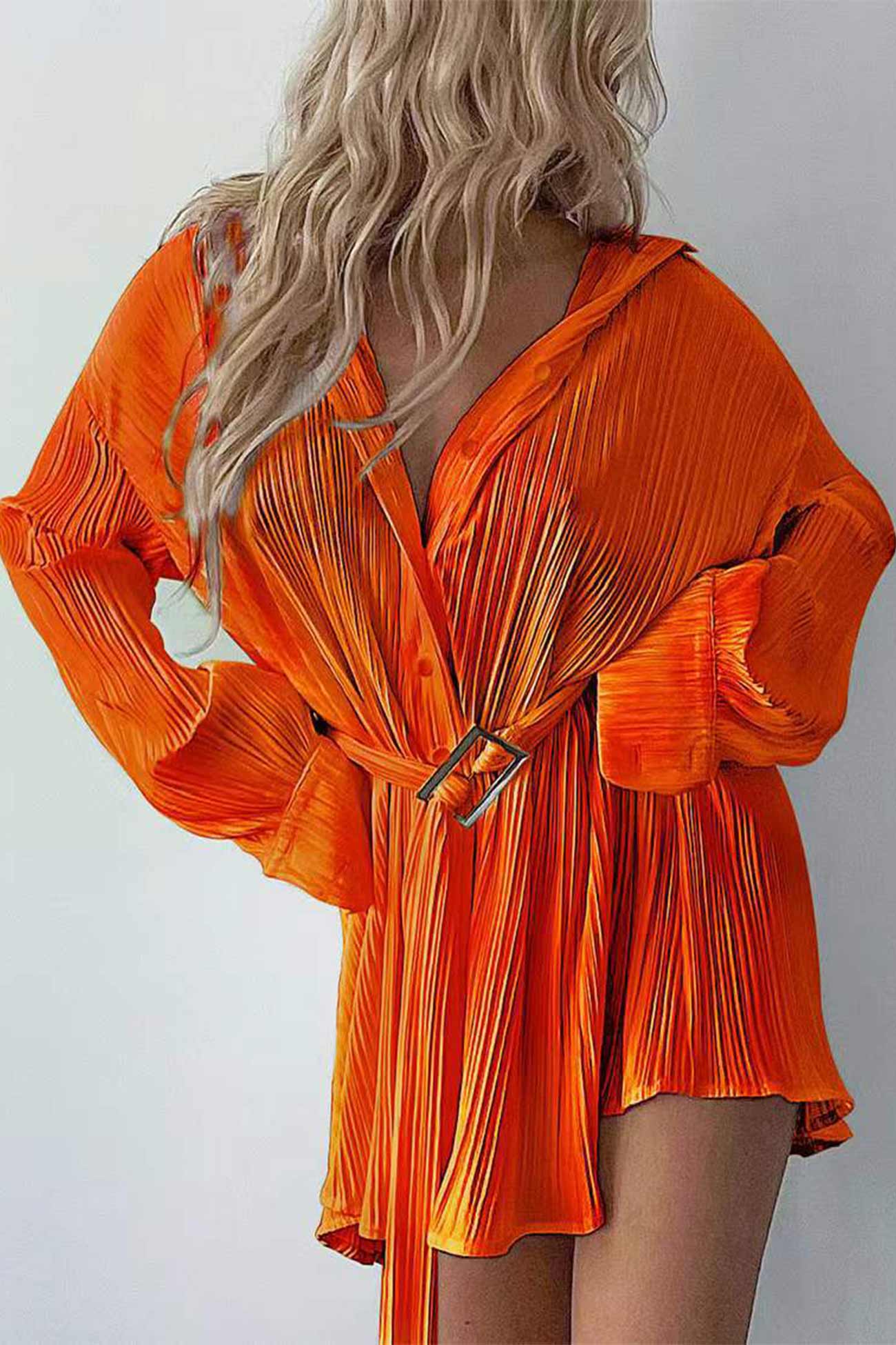 TastyHottie - Button-Front Strappy Waisted Pleated Shirts Dress