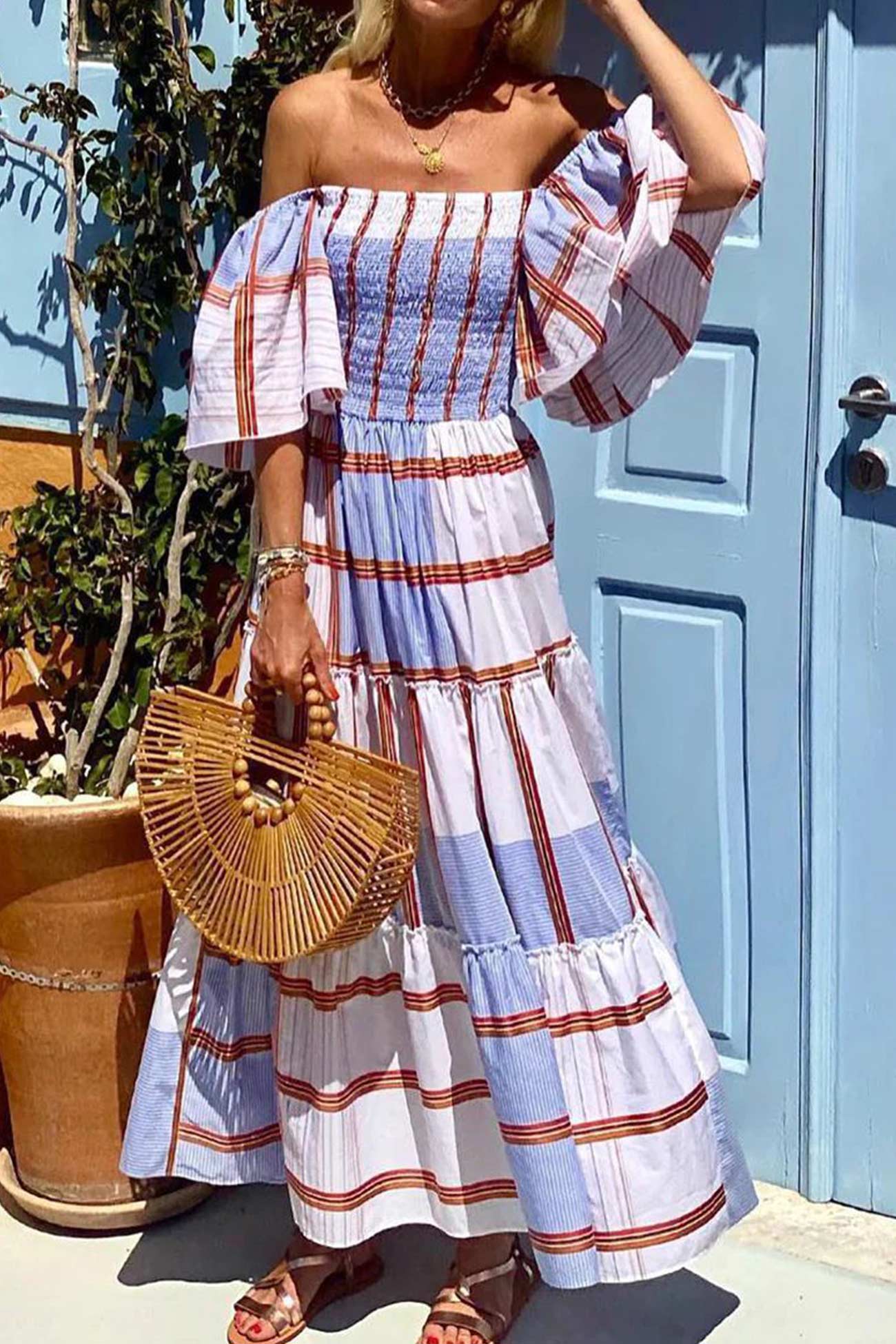 TastyHottie - Contrast Striped Print Ruffle Sleeve Tiered Dress