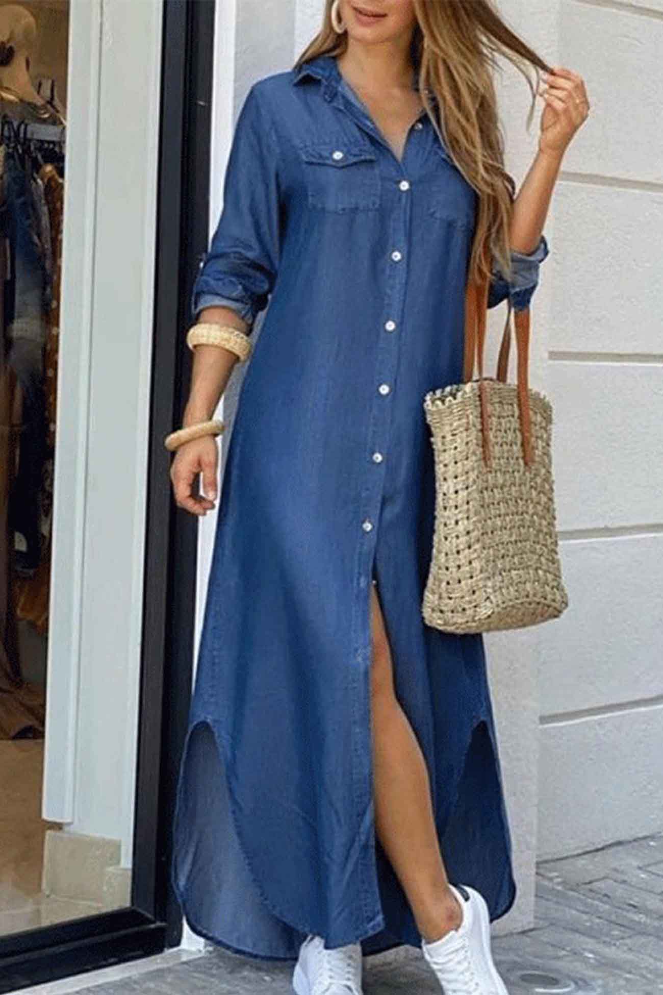 TastyHottie - Long Sleeve Button Up Pocket Shirt Dress