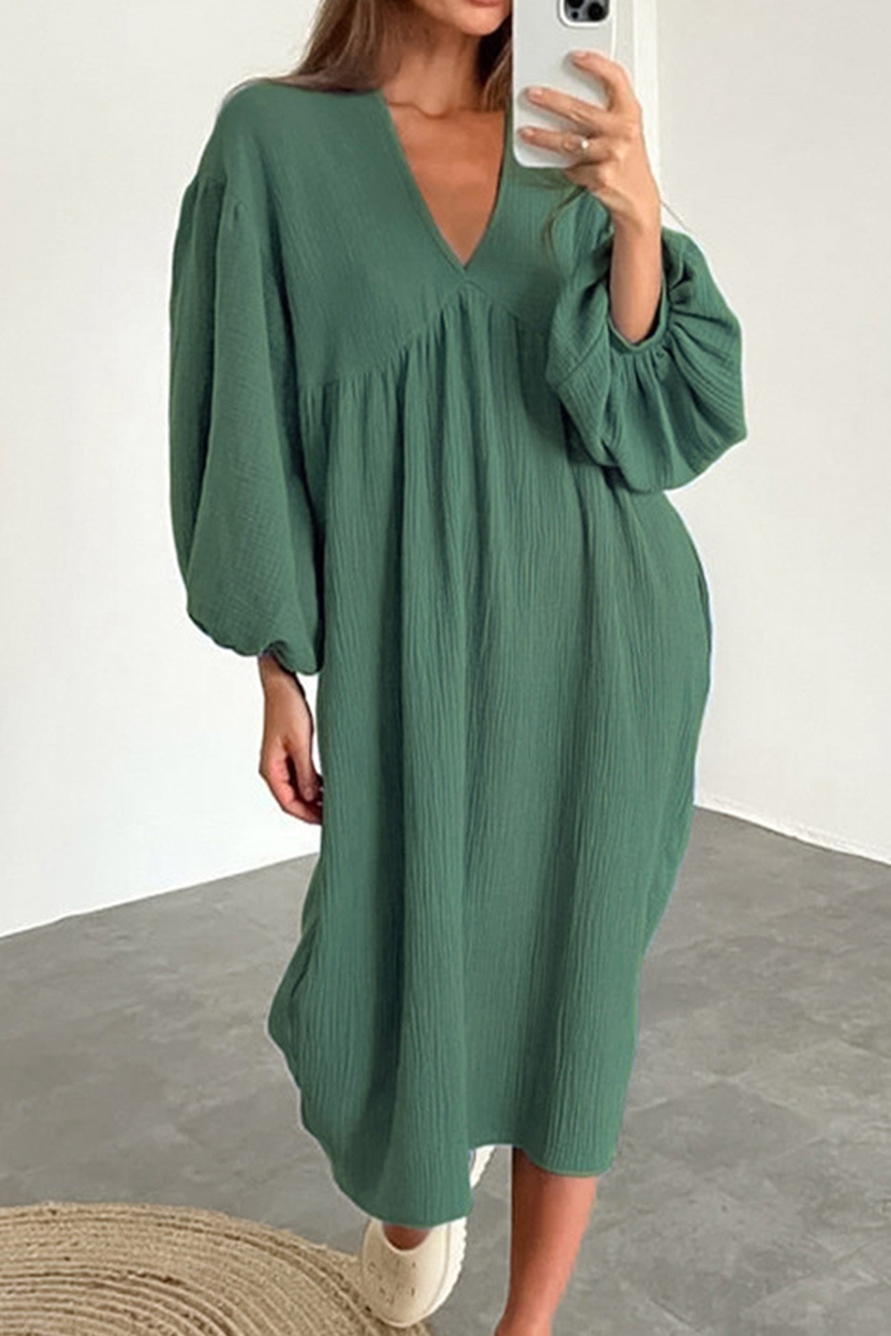 TastyHottie - Double Crepe V Neck Puff Sleeve Loose Dress