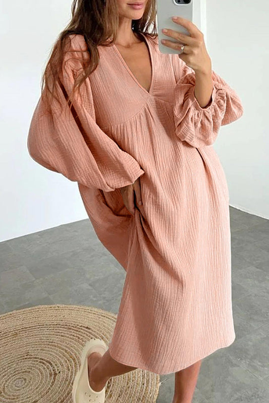 TastyHottie - Double Crepe V Neck Puff Sleeve Loose Dress