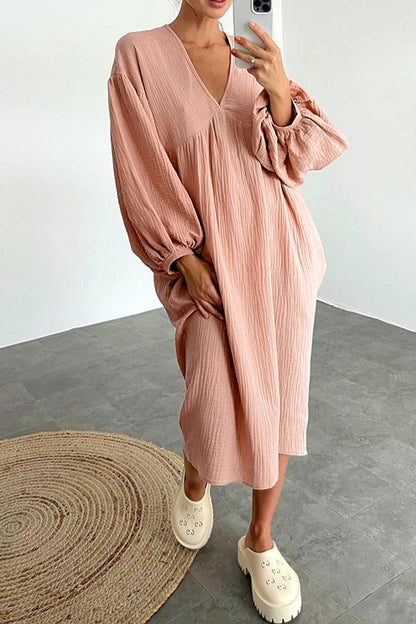 TastyHottie - Double Crepe V Neck Puff Sleeve Loose Dress