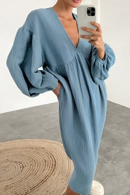 TastyHottie - Double Crepe V Neck Puff Sleeve Loose Dress