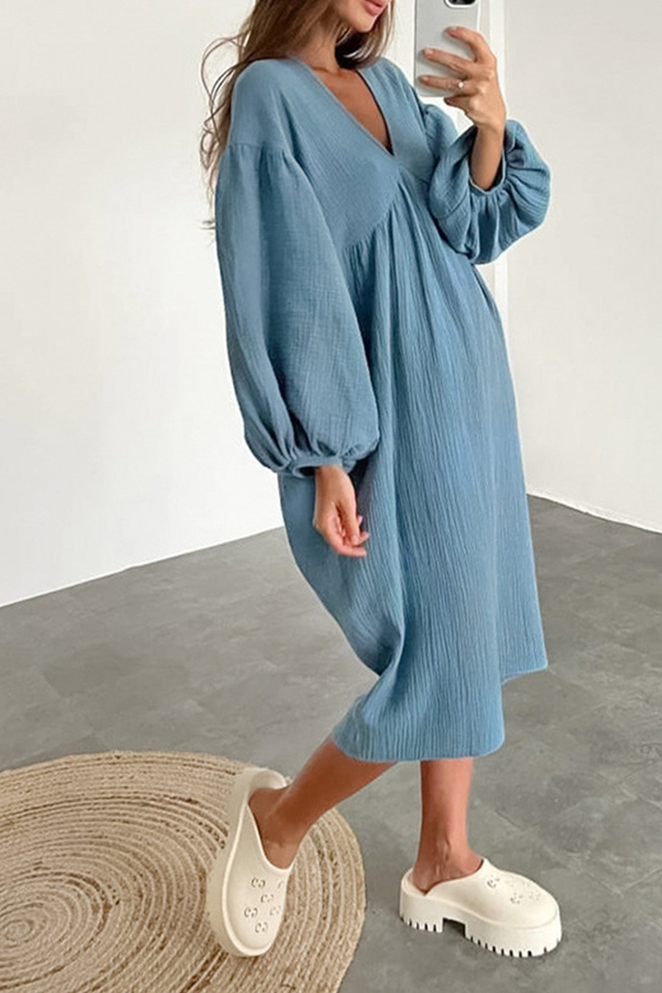 TastyHottie - Double Crepe V Neck Puff Sleeve Loose Dress