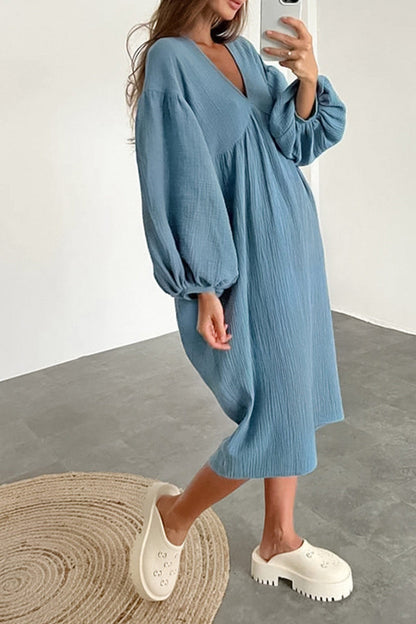 TastyHottie - Double Crepe V Neck Puff Sleeve Loose Dress