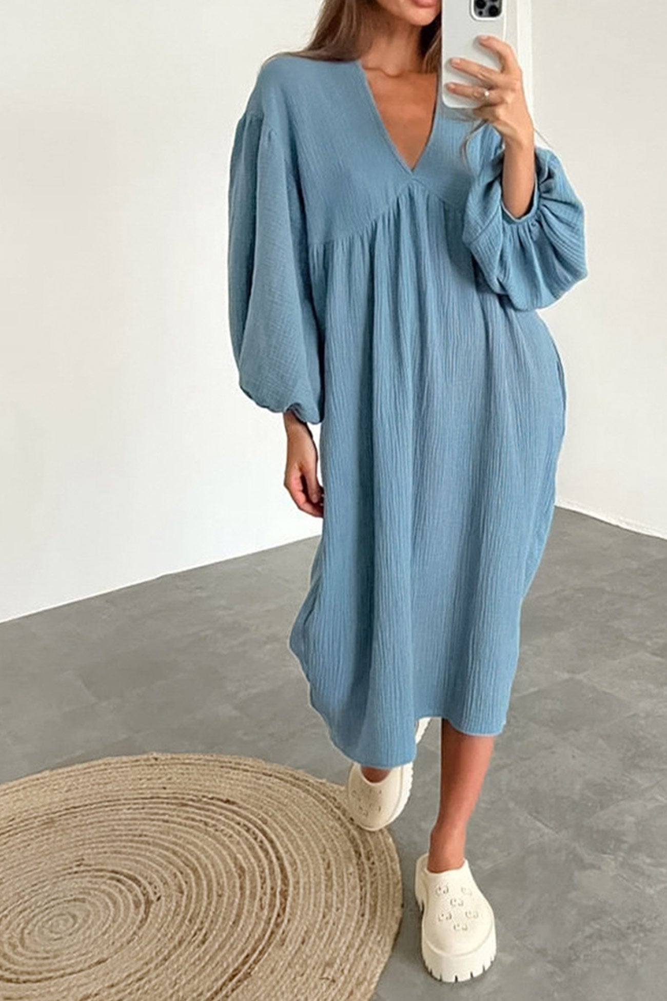 TastyHottie - Double Crepe V Neck Puff Sleeve Loose Dress