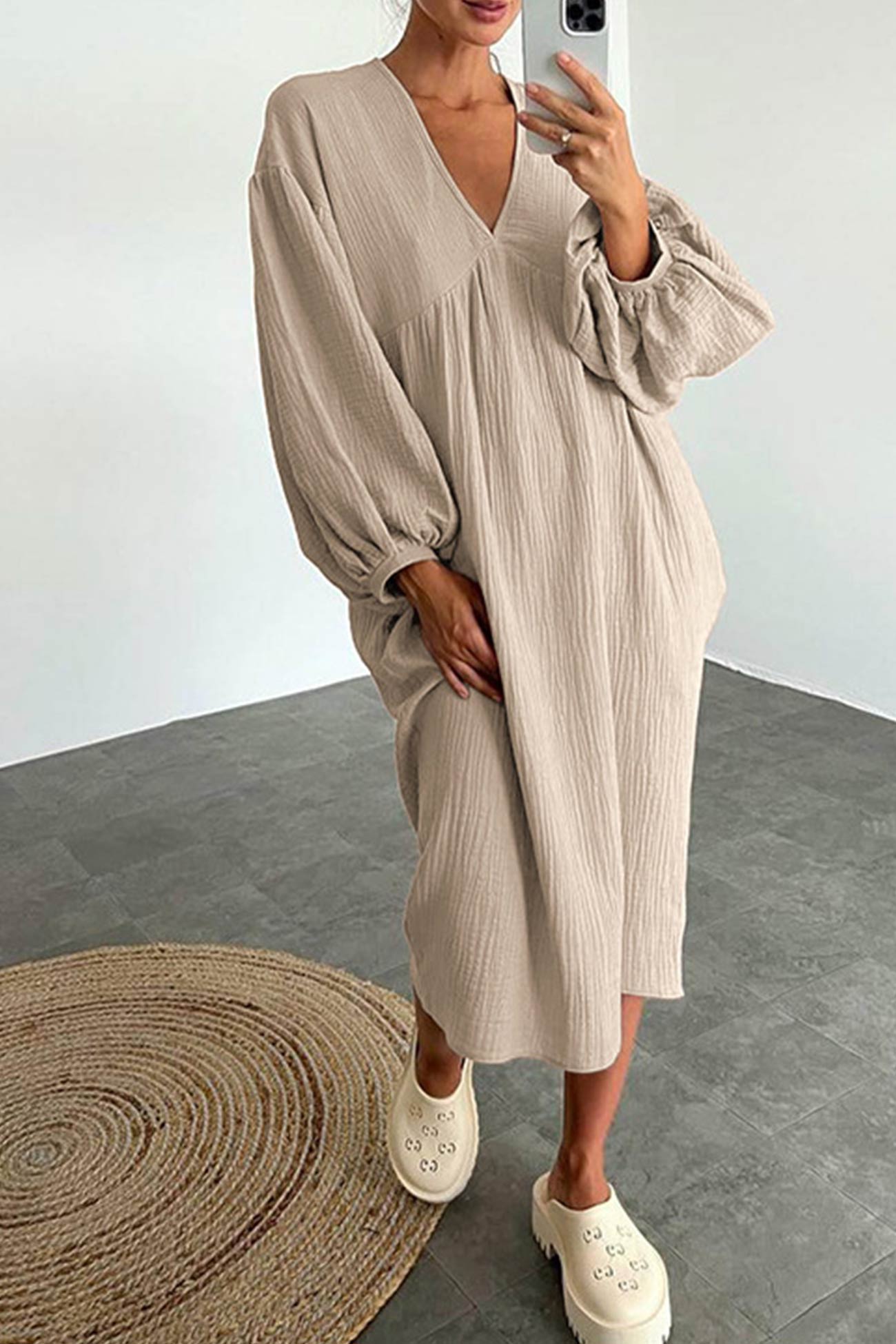 TastyHottie - Double Crepe V Neck Puff Sleeve Loose Dress