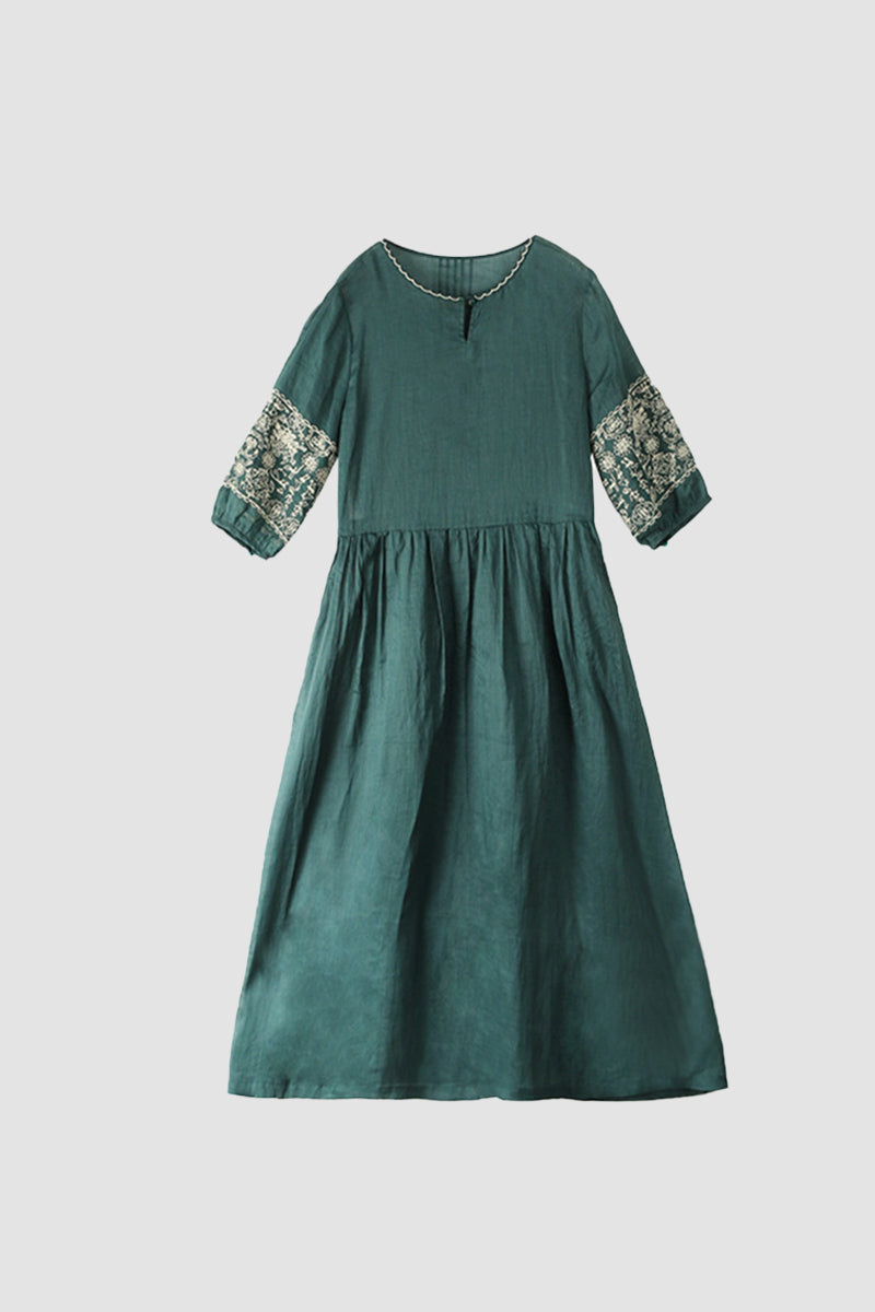 TastyHottie - Emerald Embroidery Ramie Dress