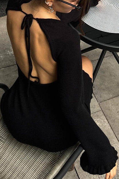 TastyHottie - Flares Sleeve Tie-back Ruffle Hem Knit Dress