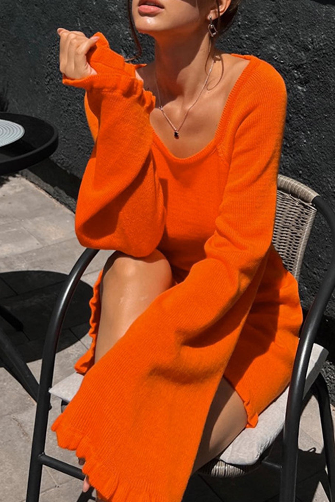 TastyHottie - Flares Sleeve Tie-back Ruffle Hem Knit Dress