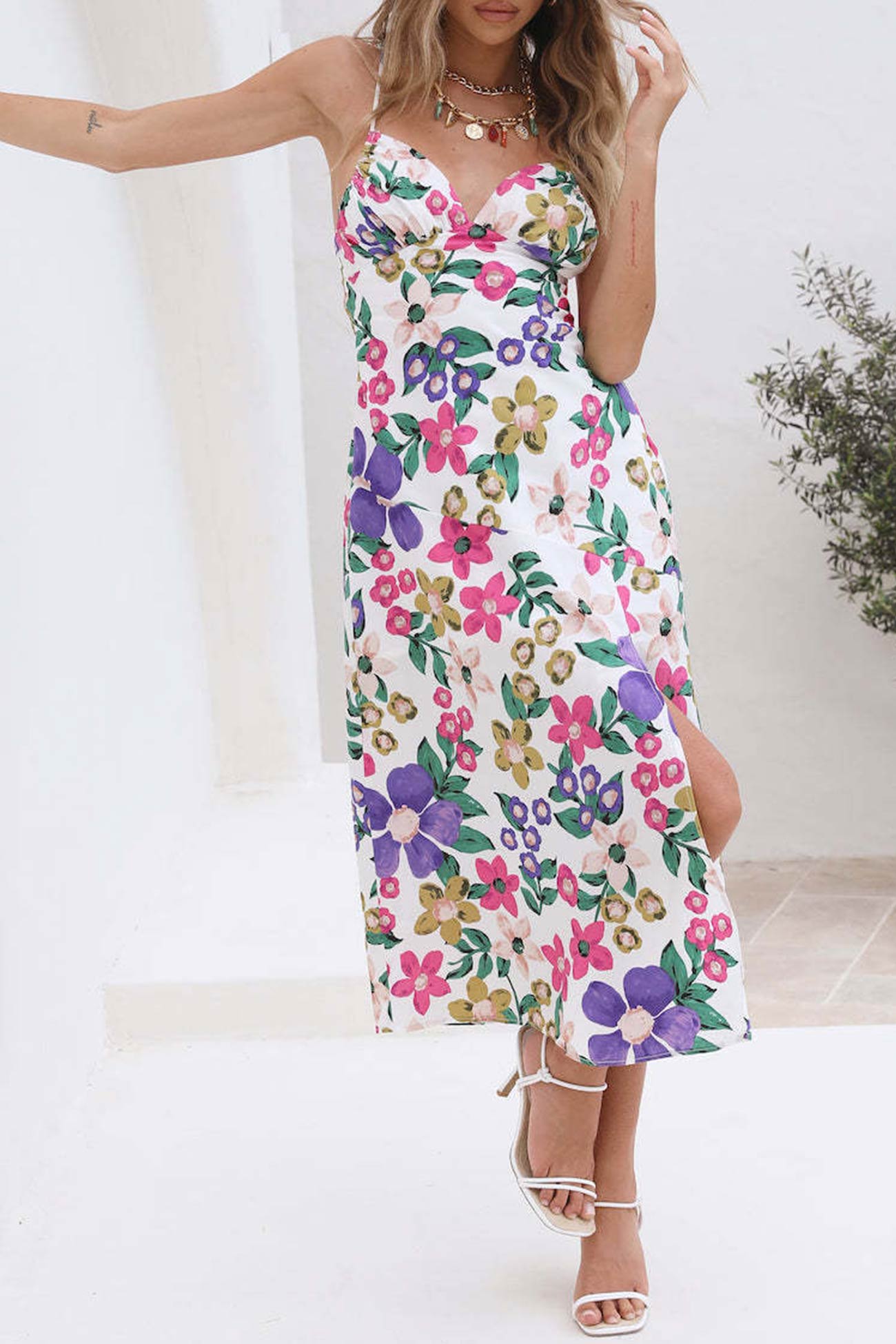 TastyHottie - Floral Print Backless Side Slit Cami Dress