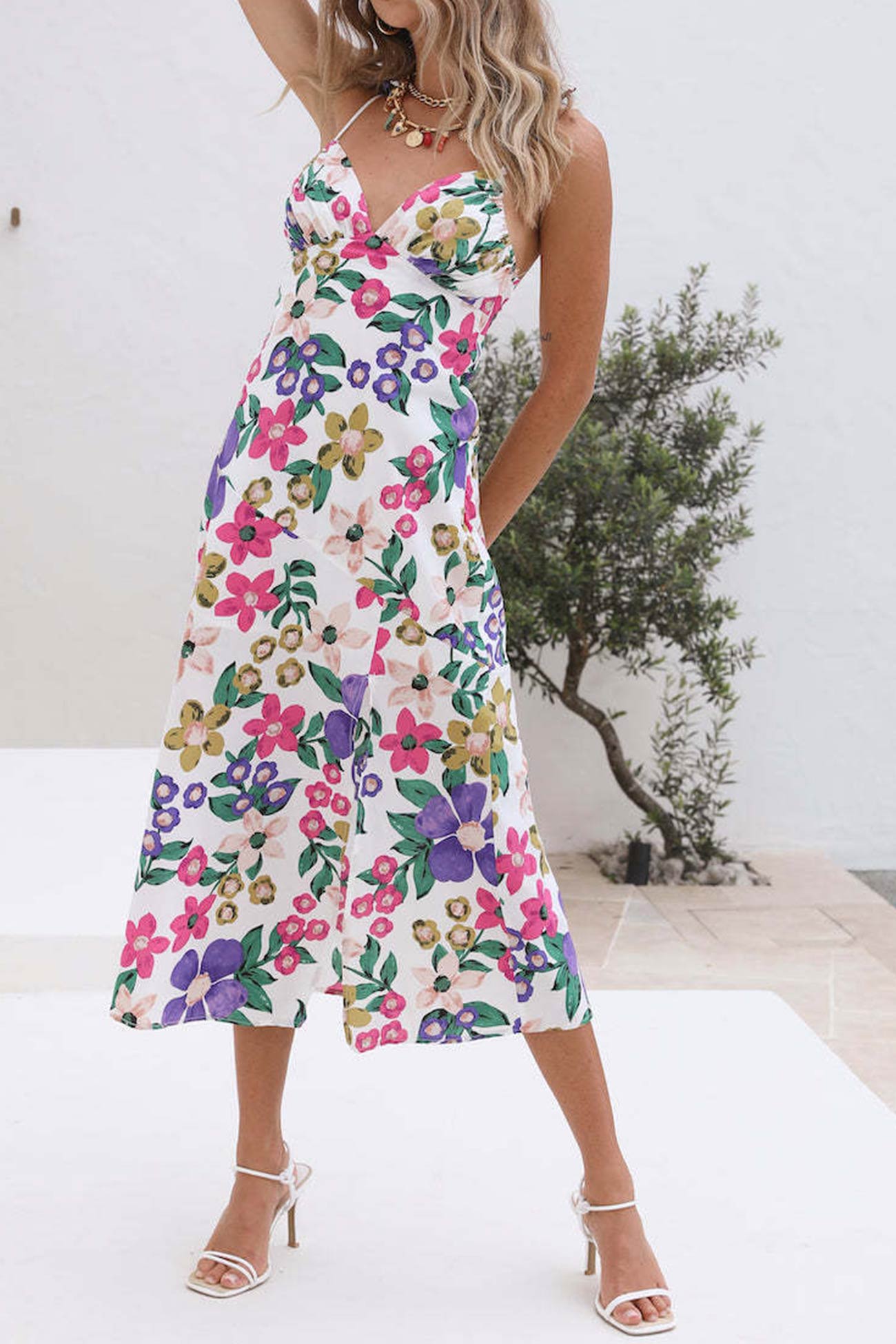 TastyHottie - Floral Print Backless Side Slit Cami Dress