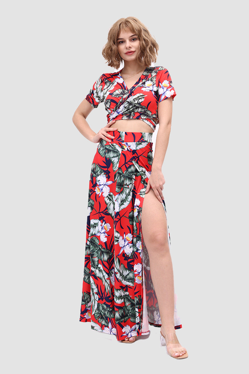 TastyHottie - V-neck Allover Floral Side Slit Two-Piece Dress