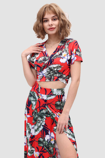 TastyHottie - V-neck Allover Floral Side Slit Two-Piece Dress