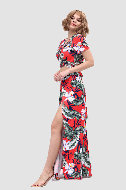 TastyHottie - V-neck Allover Floral Side Slit Two-Piece Dress