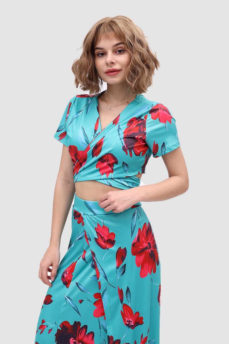 TastyHottie - V-neck Allover Floral Side Slit Two-Piece Dress