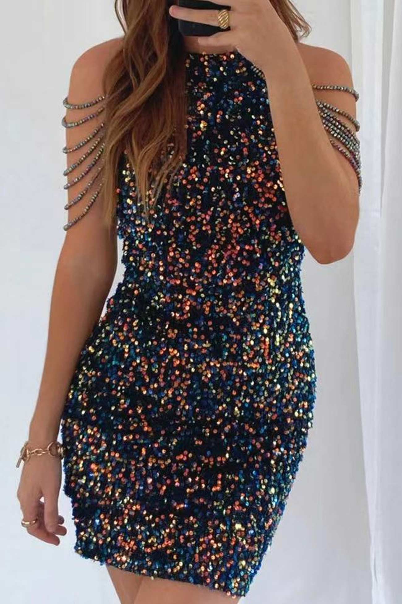 TastyHottie - Fringe Shoulder Sequins Pack Hip Mini Dress