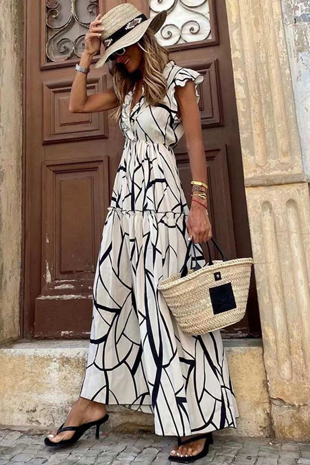 TastyHottie - Geometric Print V Neck Ruffle Maxi Dress