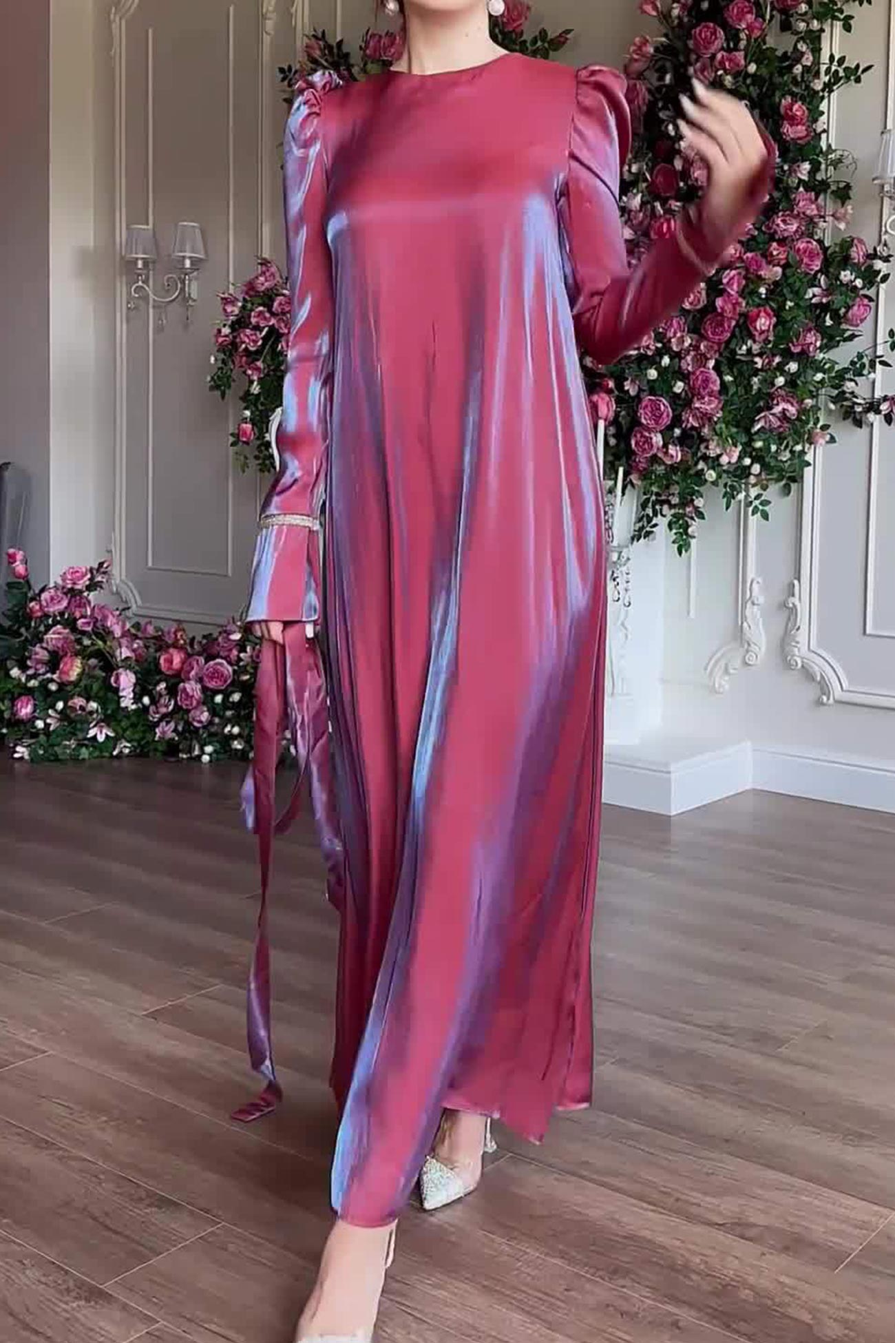 TastyHottie - Glitter Glazed Satin Puff Sleeve Midi Dress