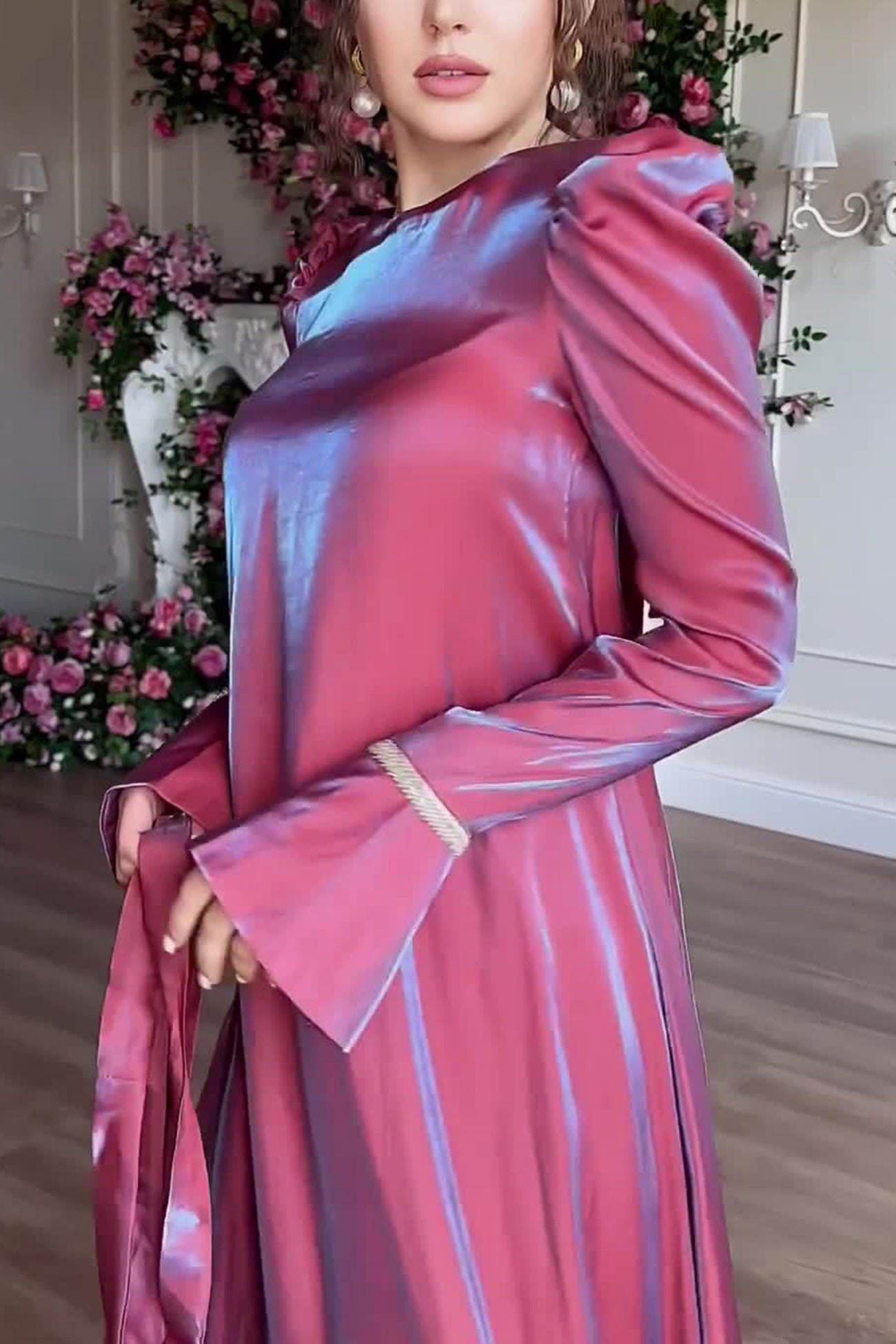 TastyHottie - Glitter Glazed Satin Puff Sleeve Midi Dress