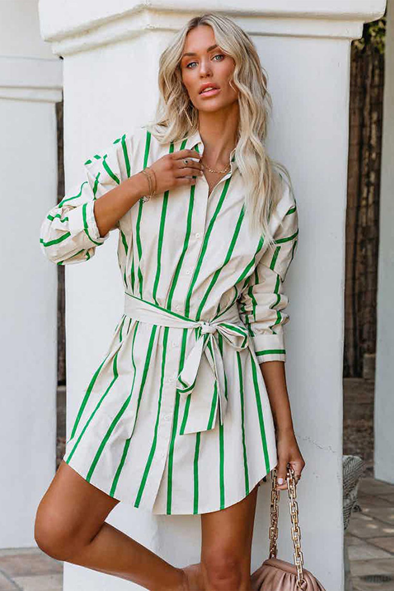 TastyHottie - Green Striped Print Lace-up Shirt Dress