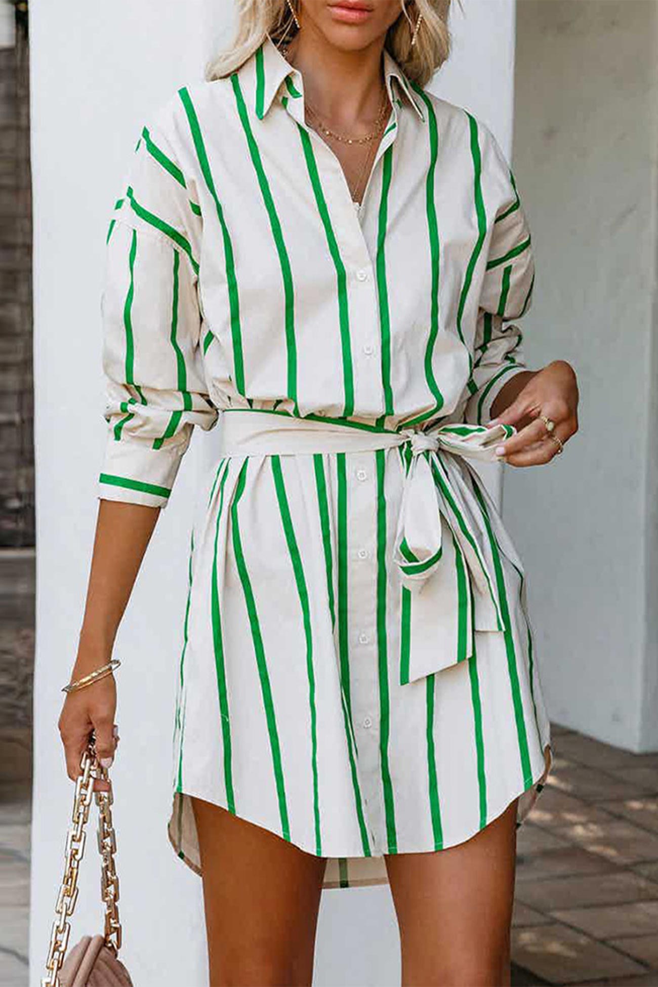 TastyHottie - Green Striped Print Lace-up Shirt Dress