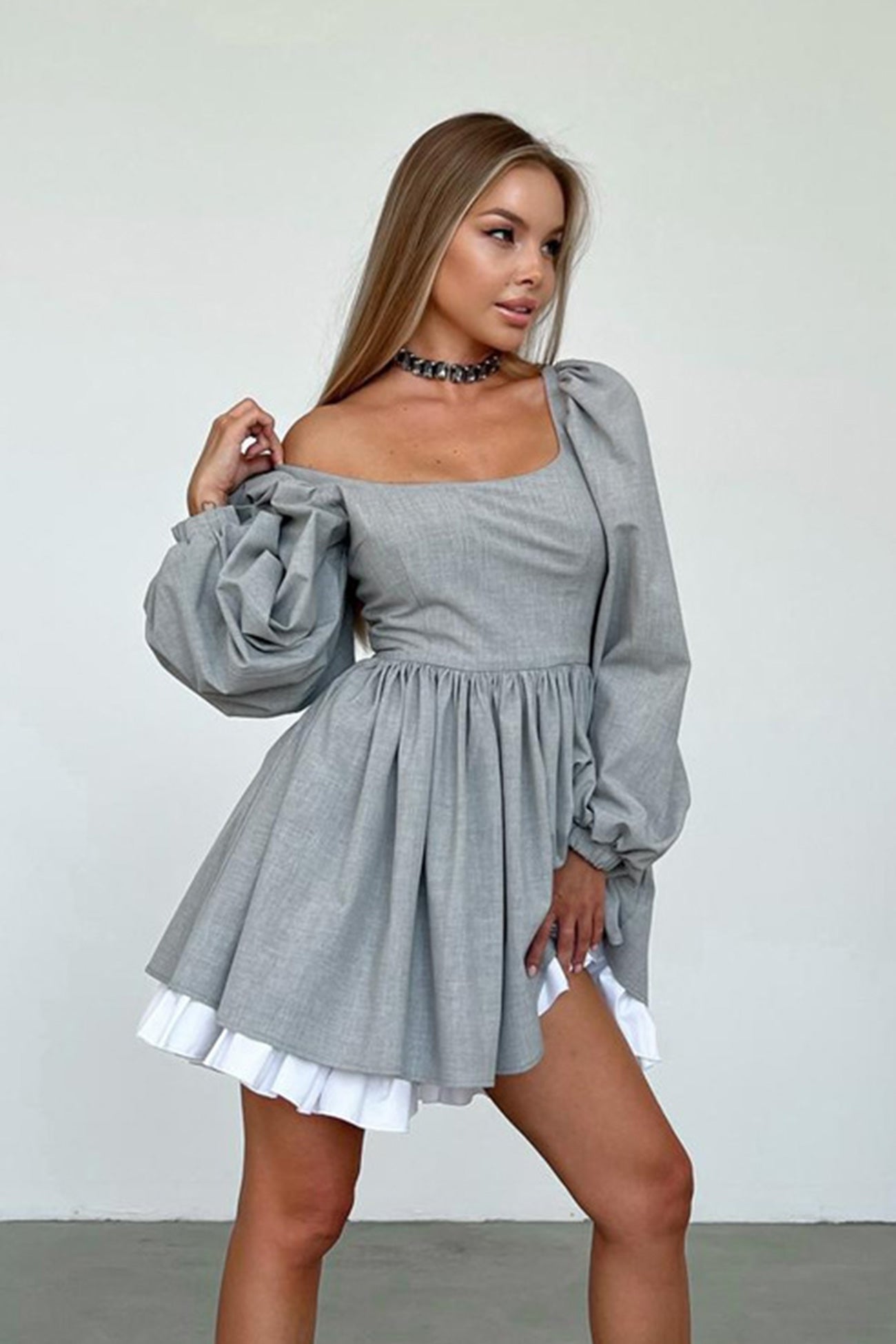 TastyHottie - Grey High Waist A-Line Babydoll Dress