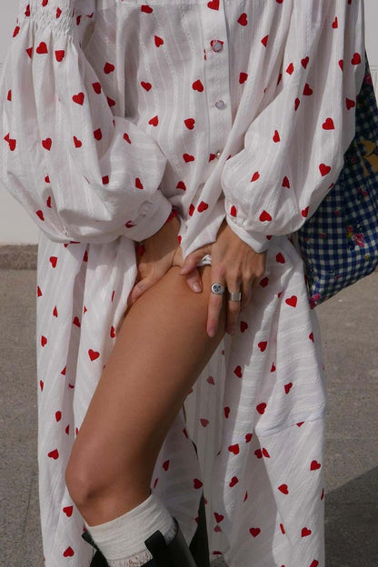 TastyHottie - Heart Print Puff Sleeve Single-breasted Cotton Dress