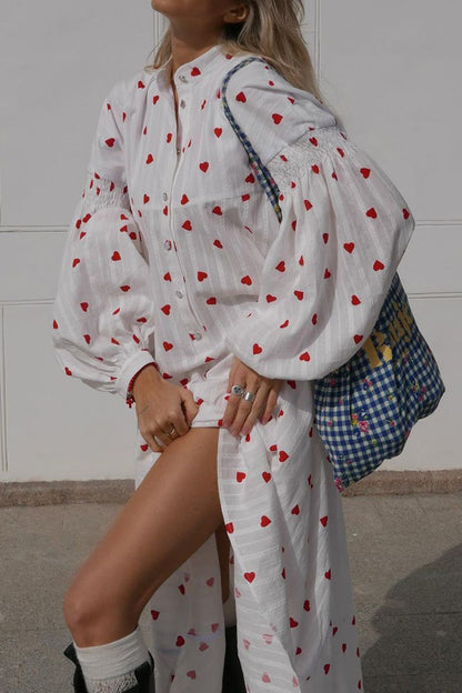 TastyHottie - Heart Print Puff Sleeve Single-breasted Cotton Dress